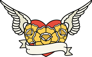 traditional tattoo of a flying heart with flowers and banner