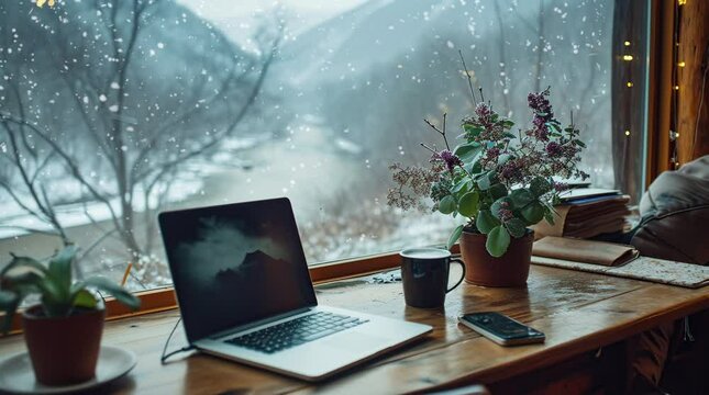  Cozy winter still life: laptop and cup of hot coffee Seamless looping 4k time-lapse virtual video animation background. Generated AI	