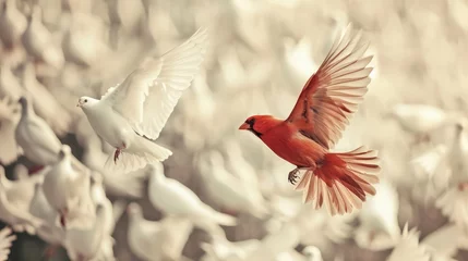 Selbstklebende Fototapeten Close up red bird flying different through a group of white bird, Game changer business. vintage filter style. © buraratn