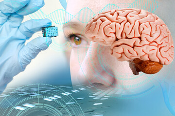 Neurotechnology Advancements, Electronic chip, bug in scientist's hand, Successful implantation of...