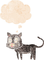 happy cartoon cat and thought bubble in retro textured style