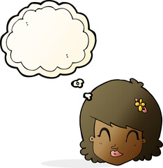 cartoon happy female face with thought bubble