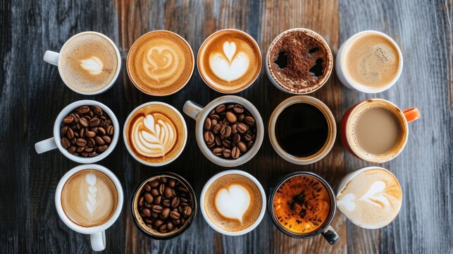 Coffee time. Aerial view of different types of coffee