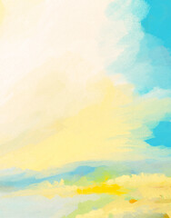 Digital Painting Design or Art of Impressionistic Cloud with Blue Sky & Blooming Meadow Glowing in Soft Yellow & Orange