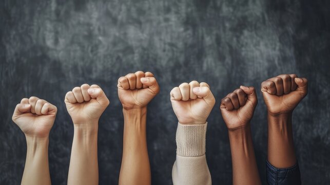 Hands of different people, of diverse race, skin color, gender raising fists up over grey background. Human rights and equality. Concept of human relation, community, togetherness, symbolism, culture