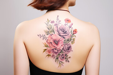 Colors flower tattoo on skin. Colors flower tattoo on back. Woman's tattoo, flowers. Flower tattoo. Colors. Colorful. Tattoo ideas for women. Tattoo parlor. Tattoo artist profession.​