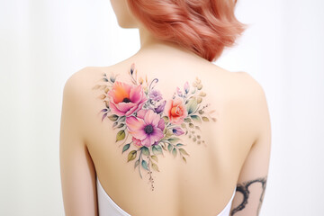 Colors flower tattoo on skin. Colors flower tattoo on back. Woman's tattoo, flowers. Flower tattoo. Colors. Colorful. Tattoo ideas for women. Tattoo parlor. Tattoo artist profession.​