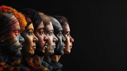 Human face made from portrait of different people of diverse age, gender and race over black background. Concept of social equality, human rights, freedom, diversity, acceptance