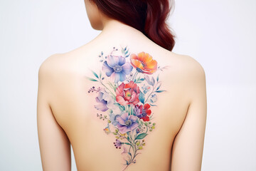 Colors flower tattoo on skin. Colors flower tattoo on back. Woman's tattoo, flowers. Flower tattoo. Colors. Colorful. Tattoo ideas for women. Tattoo parlor. Tattoo artist profession.​