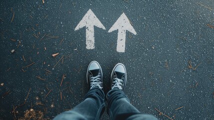 man legs in sneakers standing on road with three direction arrow choices, left, right or move forward - obrazy, fototapety, plakaty