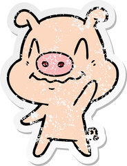 distressed sticker of a nervous cartoon pig waving