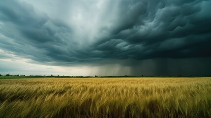 movement of clouds over an agricultural field with wheat. A storm and rain gray cloud floats across the sky with a visible rain band. Heavy rain in the village in summer