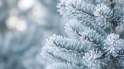 Nature Winter background with snowy pine tree branches, shallow DOF. Pine tree in hoarfrost outdoors in Winter forest, closeup. Beauty in nature. Winter natural Wallpaper, poster