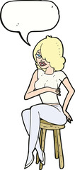 cartoon woman sitting on bar stool with speech bubble