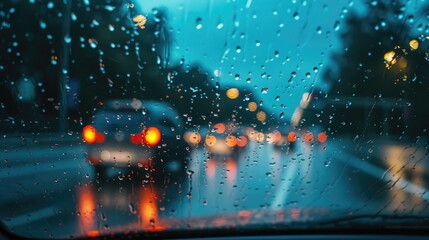 Rain shower on car windshield or car window and blurry road in background. Driving in rainy season. Rain drops on car mirror. Traffic road in evening rain. Drizzle raining decreases driving visibility - obrazy, fototapety, plakaty