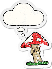 cartoon mushroom and thought bubble as a distressed worn sticker