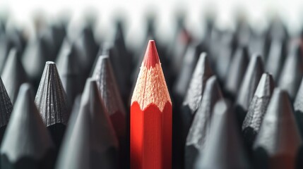 Red pencil standing out from crowd of plenty identical black fellows on white table. Leadership, uniqueness, independence, initiative, strategy, dissent, think different, business success concept - obrazy, fototapety, plakaty