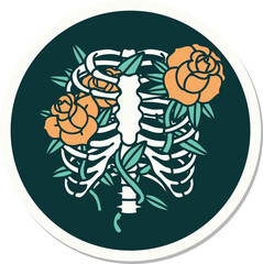 tattoo style sticker of a rib cage and flowers