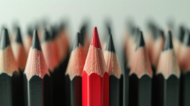 Red pencil standing out from crowd of plenty identical black fellows on white table. Leadership, uniqueness, independence, initiative, strategy, dissent, think different, business success concept