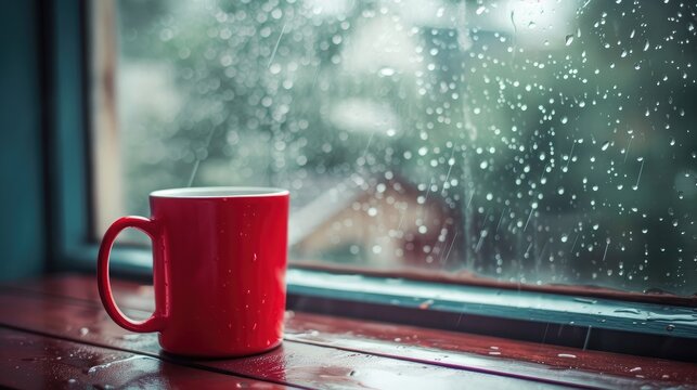 red mug of hot drink, when behind a window is rain / cozy home atmosphere
