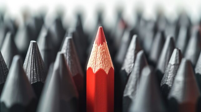 Red pencil standing out from crowd of plenty identical black fellows on white table. Leadership, uniqueness, independence, initiative, strategy, dissent, think different, business success concept