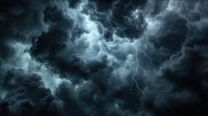 Poster Thunderous dark sky with black clouds and flashing lightning. Panoramic view. Concept on the theme of weather, natural disasters, storms, typhoons, tornadoes, thunderstorms, lightning, lightning. © buraratn