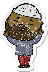 distressed sticker of a cartoon happy bearded man