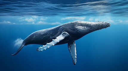 8K Isolated 3D Humpback Whale Swimming (Low Angle). - obrazy, fototapety, plakaty