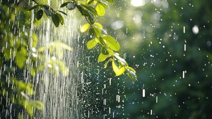 Wonderful heavy rain shower in the sunshine of springtime or summer enjoy the relaxing nature