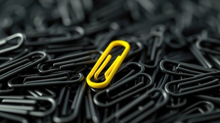 yellow paper clip stands out against a group of black paper clips. Leader concept, think differently.