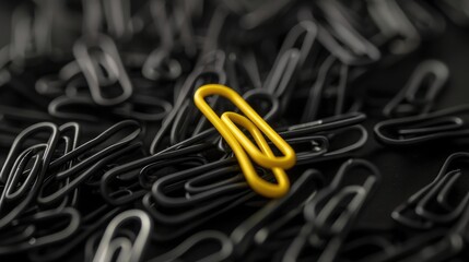 yellow paper clip stands out against a group of black paper clips. Leader concept, think differently.