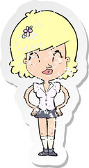 retro distressed sticker of a cartoon happy woman