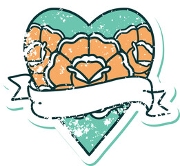 distressed sticker tattoo style icon of a heart and banner with flowers
