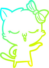cold gradient line drawing cartoon cat with bow on head