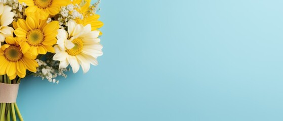 Bouquet of yellow flower on pastel blue background.