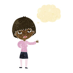 cartoon woman explaining with thought bubble