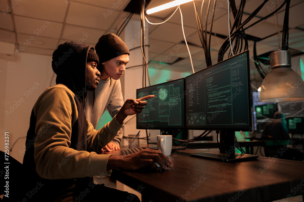 Poster diverse hackers planning data breach with virus, analyzing firewall encryption to hack computer syst