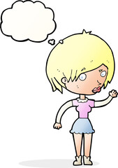 cartoon waving woman with thought bubble