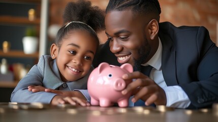 A father in a business suit is showing his young daughter how to save money by inserting coins into a piggy bank in a cozy home setting..