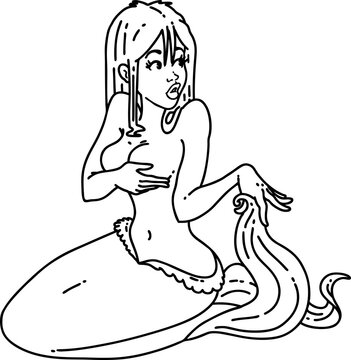 black line tattoo of a surprised mermaid