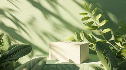 placement of a white round podium template on a background of green forest leaves. Constant lighting adds depth and highlights the organic cosmetic product.