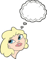 cartoon happy woman with thought bubble