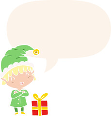 cartoon happy christmas elf and speech bubble in retro style