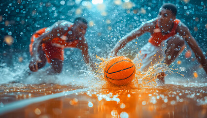 Boy plays basketball in the rain  - Powered by Adobe