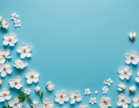 Composition of spring flowers. Blue pastel background with white sakura flowers. Valentine's Day, Mother's Day, Women's Day concept. Flat lay, top view