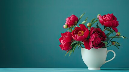 arrangement of red blooming peonies in a cup. A balanced arrangement against a floral blue background, creating a harmonious and visually appealing scene.