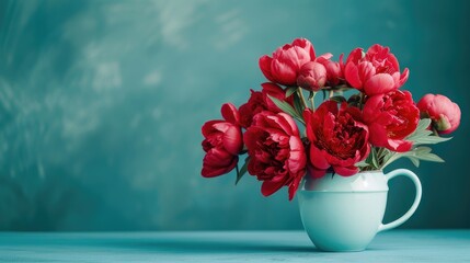 arrangement of red blooming peonies in a cup. A balanced arrangement against a floral blue background, creating a harmonious and visually appealing scene.
