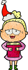 textured cartoon of a happy old lady wearing santa hat