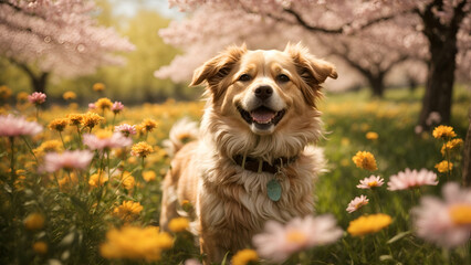 Happy dog among flowers