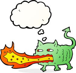 cartoon fire breathing imp with thought bubble